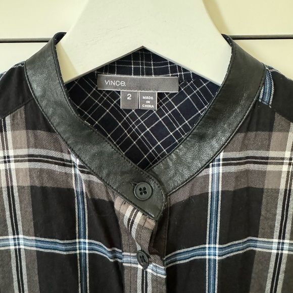 VINCE PLAID BUTTON DOWN, LEATHER COLLAR DETAIL AND CONTRAST CUFF FABRIC, SIZE 2 - Picture 3 of 5